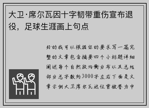 大卫·席尔瓦因十字韧带重伤宣布退役，足球生涯画上句点